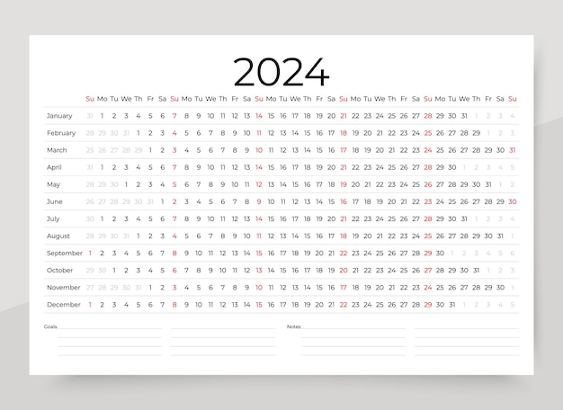 Vetor calendário linear para o ano 2024 ilustração vetorial planejador de calendário simples