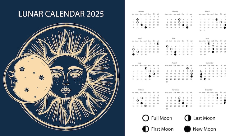 Vetor calendário lunar de 2025 desenho de calendário astrológico ilustração vetorial