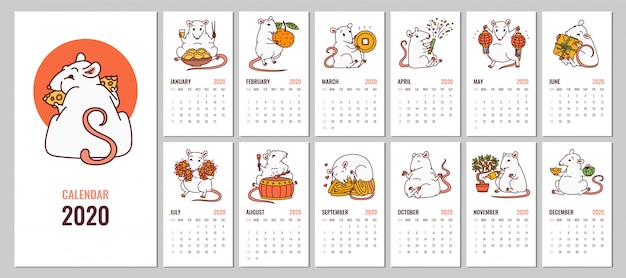 Calendário mensal 2020 com símbolo de ano novo chinês do rato.