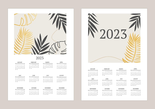Calendário mensal clássico para 2023 calendário com folhas de palmeira e monstera cor branca e dourada