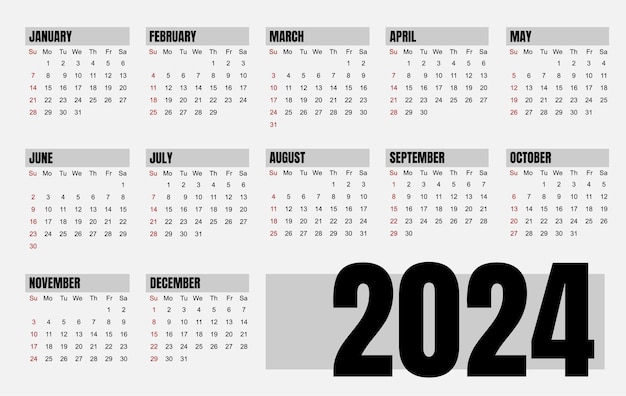 Calendário mensal clássico para o calendário internacional de 2024 no estilo de design minimalista