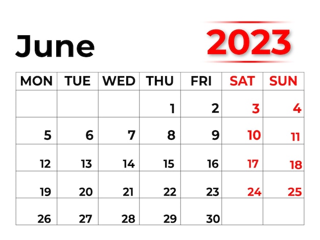 Calendário mensal de 2023 para junho com visual bem clean