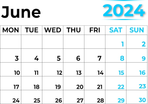 Calendário mensal de junho de 2024 com semana de aparência muito limpa começa a partir de segunda-feira