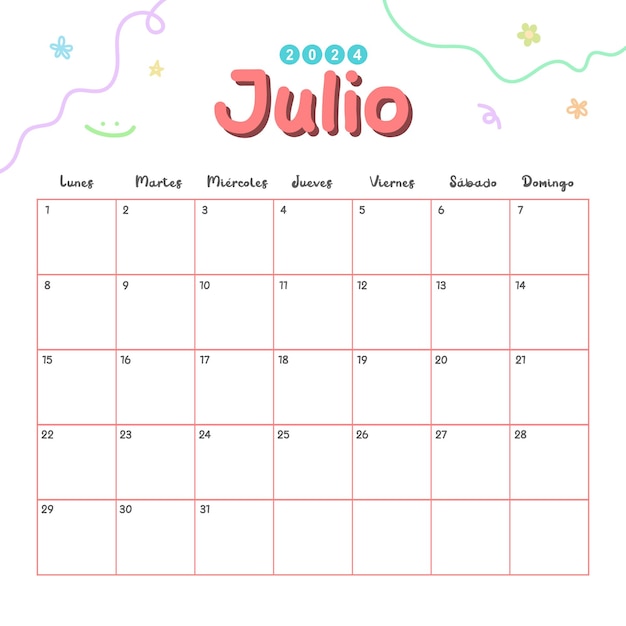 Vetor calendário mensal de mesa bonito de julho