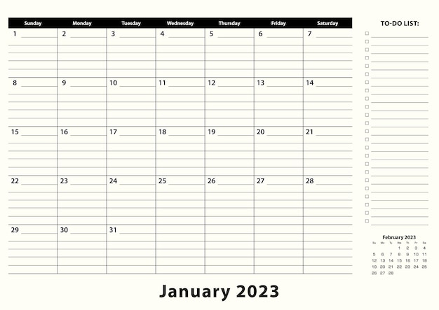 Calendário mensal de mesa de negócios de janeiro de 2023