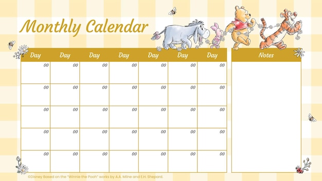 Calendário mensal de Winnie the Pooh
