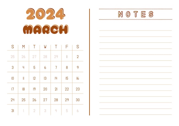 Vetor calendário mensal março 2024