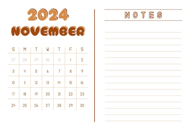 Vetor calendário mensal novembro 2024