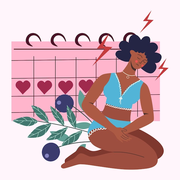 Calendário menstrual feminino mulher africana com dor abdominal de dias críticos de menstruação