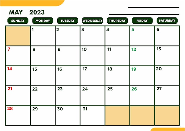 Calendário modelo a4 a3 para planejamento ou agenda ou lembrete de maio de 2023
