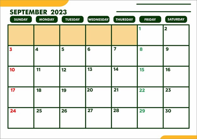 Vetor calendário modelo a4 a3 para planejamento ou agenda ou lembrete de setembro de 2023