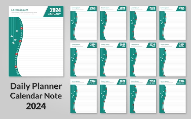 Calendário nota diário planner 2024 modelo de design vetorial calendário de mesa calendário gravável