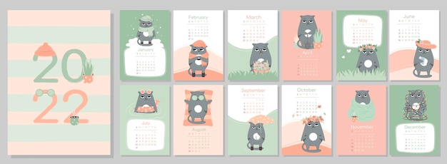 Calendário ou planejador a4 2022 kawaii cartoon engraçado rabugento triste gato zangado, personagem bonito. capa e 12 páginas mensais. a semana começa na segunda-feira, ilustração vetorial cores verde e laranja