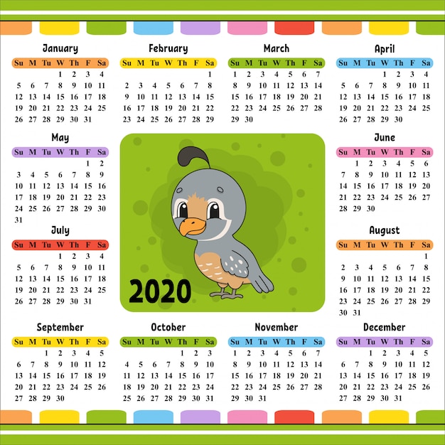 Calendário para 2020 com um personagem fofo