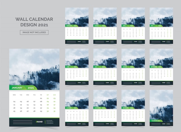 Calendário para 2021. a semana começa na segunda-feira.