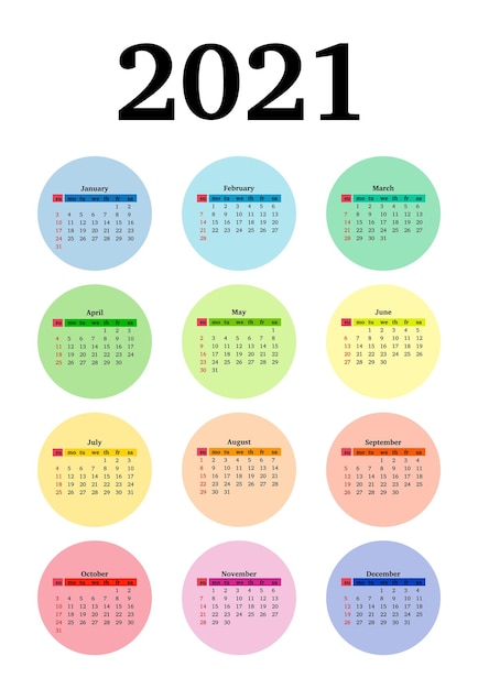 Calendário para 2021 isolado em um fundo branco. domingo a segunda-feira, modelo de negócios. ilustração vetorial