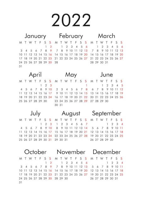 Calendário para 2022 a semana começa na segunda-feira ilustração vetorial de modelo básico de negócios