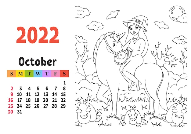 Calendário para 2022 com um personagem fofo. unicórnio fada. página para colorir. design divertido e brilhante. ilustração do vetor de cor isolada. estilo dos desenhos animados.