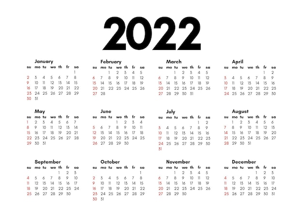 Calendário para 2022 isolado em um fundo branco. domingo a segunda-feira, modelo de negócios. ilustração vetorial