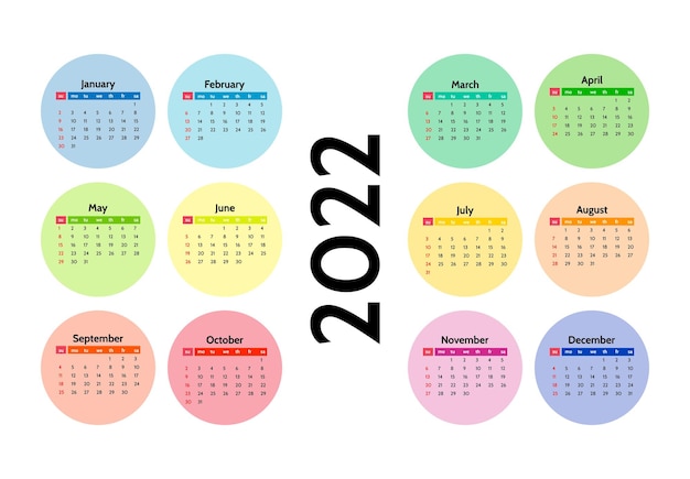 Calendário para 2022 isolado em um fundo branco. Domingo a segunda-feira, modelo de negócios. Ilustração vetorial