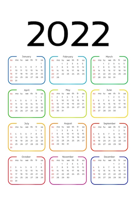 Calendário para 2022 isolado em um fundo branco. domingo a segunda-feira, modelo de negócios. ilustração vetorial