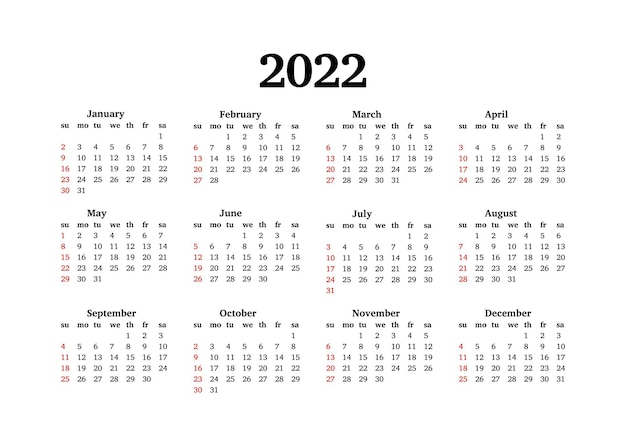 Calendário para 2022 isolado em um fundo branco. Domingo a segunda-feira, modelo de negócios. Ilustração vetorial