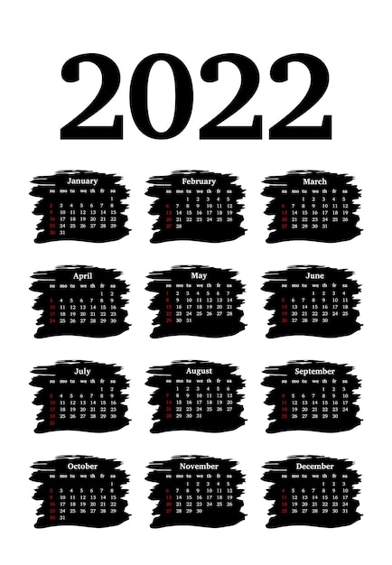 Calendário para 2022 isolado em um fundo branco. domingo a segunda-feira, modelo de negócios. ilustração vetorial