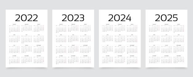 Calendário para 2023 2024 2025 2022 anos modelo planejador anual ilustração em vetor