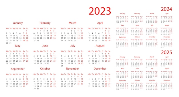 Calendário para 2023, 2024, 2025