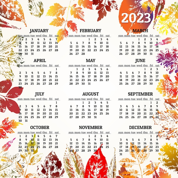 Calendário para 2023 anos com folhas de outono coloridas