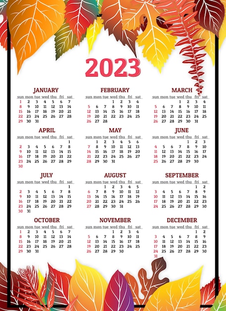 Calendário para 2023 anos com folhas de outono coloridas