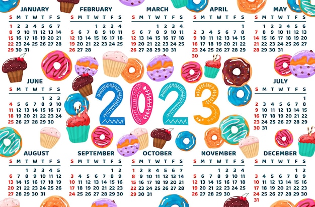 Calendário para 2023 com bolinhos doces muffins e donuts Doze meses do ano com ilustrações vetoriais planas para janeiro fevereiro março abril maio junho julho agosto setembro outubro novembro