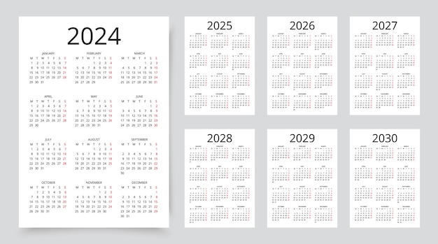 Vetor calendário para 2024 2025 2026 2027 2028 2029 20230 anos layout do calendário semana começa segunda-feira