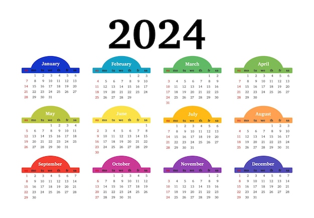 Calendário para 2024 isolado em um fundo branco de domingo a segunda-feira ilustração vetorial de modelo de negócios