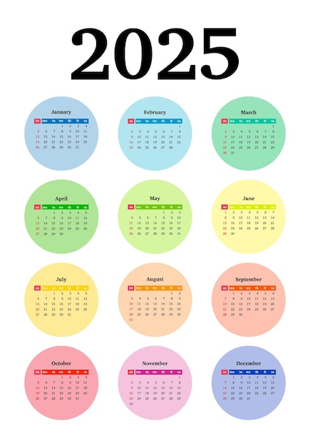 Vetor calendário para 2025 isolado em fundo branco