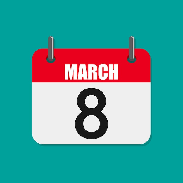 Calendário para 8 de março, dia da mulher. Ilustração vetorial. Ícone de calendário colorido simples em design plano