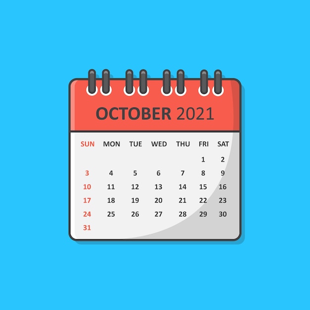 Calendário para ilustração do ícone do vetor 2021 anos. ícone plano do calendário de outubro de 2021