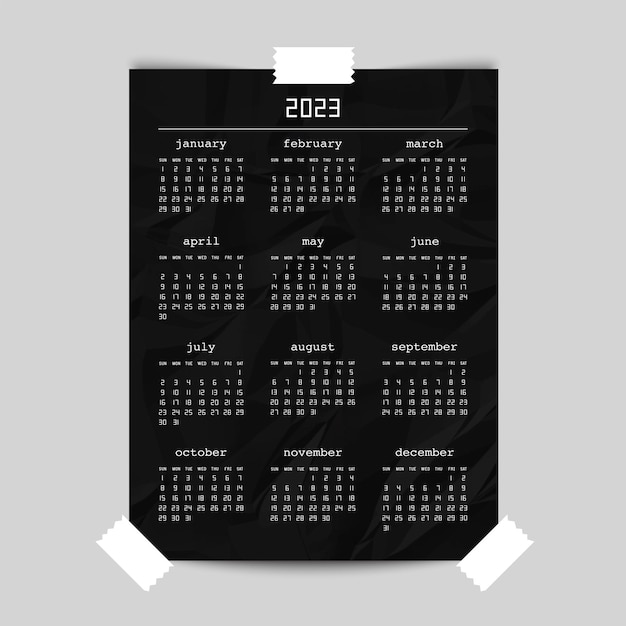 Vetor calendário para o ano de 2023 na maquete de pôster de papel amassado preto. a semana começa no domingo. ilustração vetorial