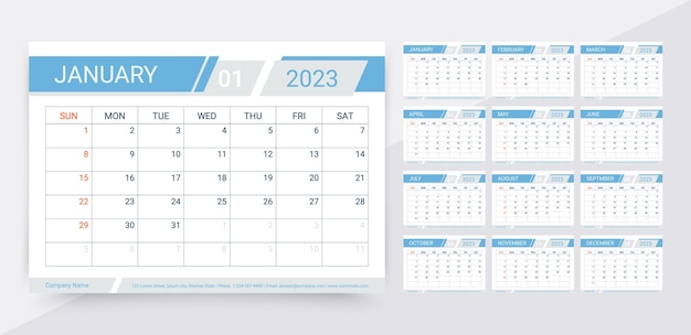 Calendário para o modelo de planejador de 2023 anos ilustração vetorial grade de programação mensal