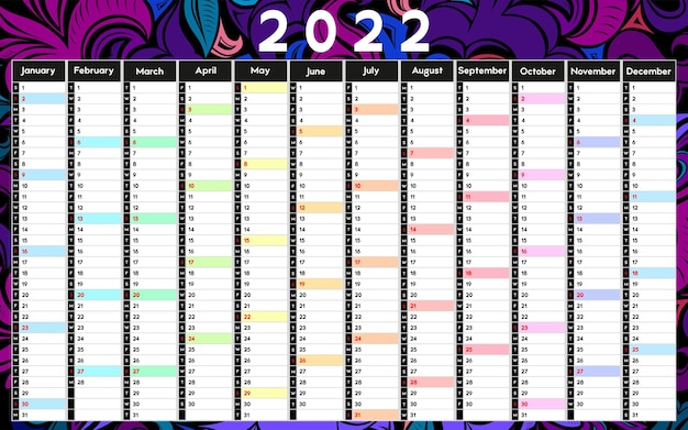 Calendário para o planejador de eventos diários de 2022 com ilustração de cores vetoriais de decoração abstrata