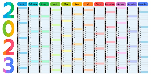 Calendário para o planejador de eventos diários de 2023 com ilustração de cores vetoriais de design multicolorido brilhante