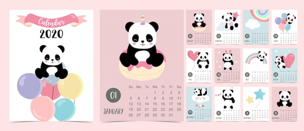 Calendário pastel doodle conjunto 2020 com panda