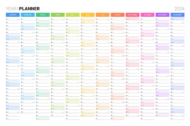 Calendário planejador anual para modelo de organizador imprimível colorido