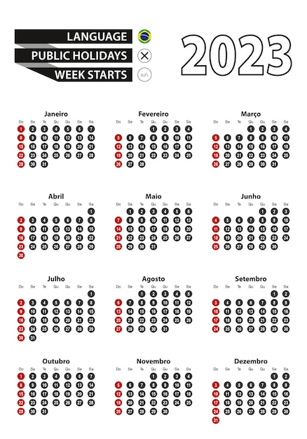 Vetor calendário português 2023 com números em círculos semana começa no domingo 2023 com bandeira do brasil