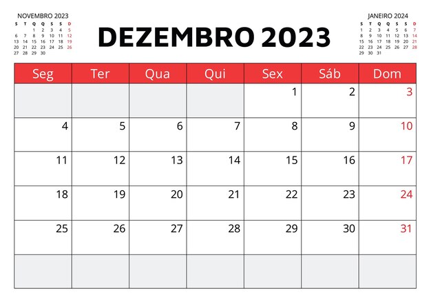 Vetor calendário português de dezembro de 2023 ilustração vetorial planejamento mensal para o seu negócio em portugal