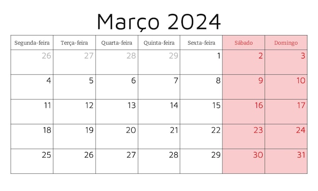 Vetor calendário português de março de 2024 ilustração vetorial planejamento mensal para negócios em portugal