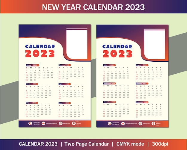 Calendário premium de duas páginas de ano novo 2023