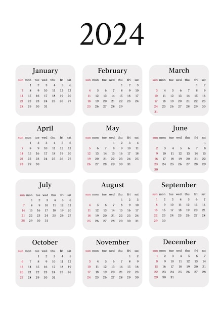 Vetor calendário simples bege e branco 2024 vertical uma folha com todos os meses semana começa no domingo a4 a3 a2 a5