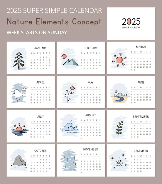 Vetor calendário simples de 2025 modelo com elementos de natureza bonitos ilustrações conceituais árvore do sol rio