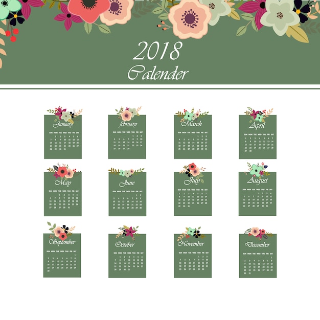 Vetor calendário verde e branco de 2018 com design floral